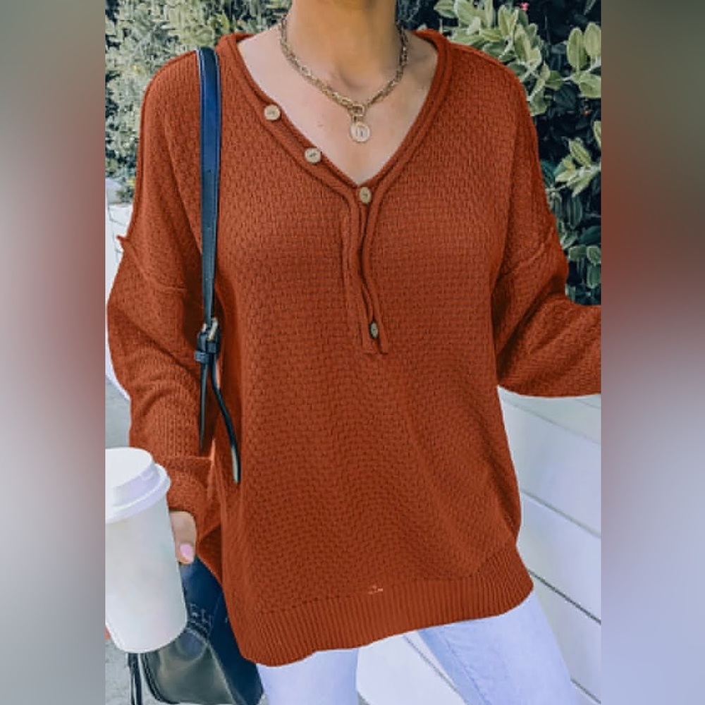 Mountain Valley Trading Button V-neck Knit Sweater Orange XL NWT